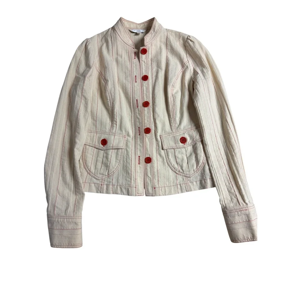 Liquid Cream Red Pinstripe Mandarin Collar Blazer Jacket Womens Size 4 - Picture 1 of 5